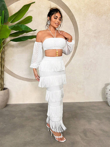 Vacation Cute Resort Beach Wear Abaya Bohemian Holiday Ruched Layered Cake Flounce Hem Summer Sexy Fringe See-Through Chiffon Crop Top And Long White Skirt Stretchy Fringe Skirt Set For Women Two Piece Outfits Vacation Cute Resort Beach Wear Abaya Bohemian Holiday Ruched Layered Cake Flounce Hem Summer Sexy Fringe See-Through Chiffon Crop Top And Long White Skirt Stretchy Fringe Skirt Set For Women Two Piece Outfits