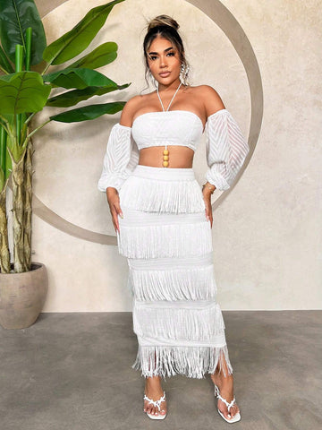 Vacation Cute Resort Beach Wear Abaya Bohemian Holiday Ruched Layered Cake Flounce Hem Summer Sexy Fringe See-Through Chiffon Crop Top And Long White Skirt Stretchy Fringe Skirt Set For Women Two Piece Outfits Vacation Cute Resort Beach Wear Abaya Bohemian Holiday Ruched Layered Cake Flounce Hem Summer Sexy Fringe See-Through Chiffon Crop Top And Long White Skirt Stretchy Fringe Skirt Set For Women Two Piece Outfits