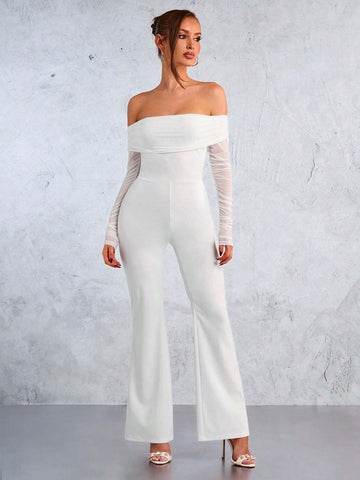 White Mesh Off Shoulder Sexy Jumpsuit For Women, Valentine's Day White Mesh Off Shoulder Sexy Jumpsuit For Women, Valentine's Day