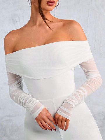 White Mesh Off Shoulder Sexy Jumpsuit For Women, Valentine's Day White Mesh Off Shoulder Sexy Jumpsuit For Women, Valentine's Day