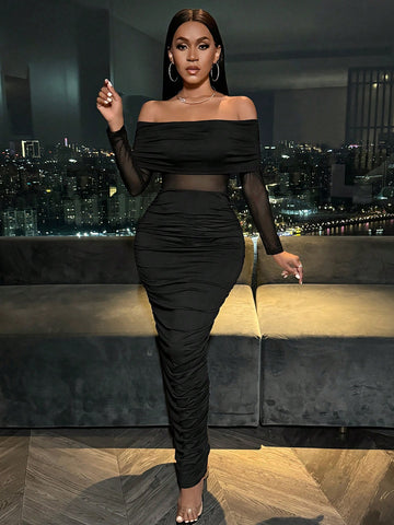 SXY Women'S Solid Color Mesh Patchwork Pleated Bodycon Off Shoulder Dress SXY Women'S Solid Color Mesh Patchwork Pleated Bodycon Off Shoulder Dress