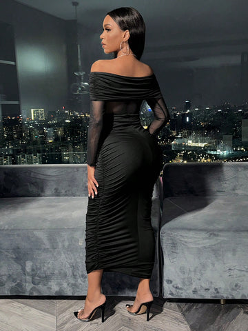 SXY Women'S Solid Color Mesh Patchwork Pleated Bodycon Off Shoulder Dress SXY Women'S Solid Color Mesh Patchwork Pleated Bodycon Off Shoulder Dress