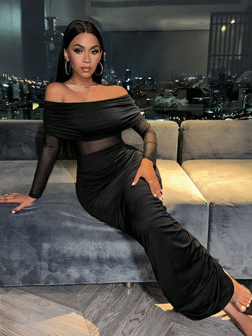 SXY Women'S Solid Color Mesh Patchwork Pleated Bodycon Off Shoulder Dress SXY Women'S Solid Color Mesh Patchwork Pleated Bodycon Off Shoulder Dress