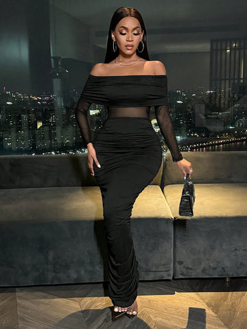 SXY Women'S Solid Color Mesh Patchwork Pleated Bodycon Off Shoulder Dress SXY Women'S Solid Color Mesh Patchwork Pleated Bodycon Off Shoulder Dress