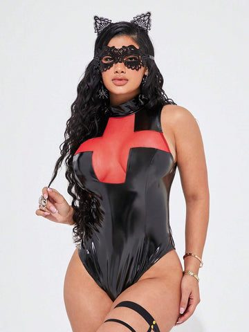 Women Contrast Color PU Leather & Mesh Splice Sexy Bodysuit Women Contrast Color PU Leather & Mesh Splice Sexy Bodysuit