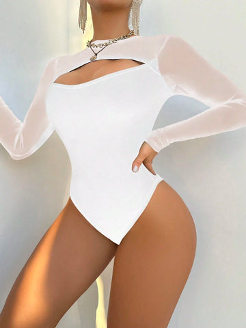Women Crew Neck Long Sleeve Mesh Patchwork Hollow Out Casual Bodysuit Women Crew Neck Long Sleeve Mesh Patchwork Hollow Out Casual Bodysuit