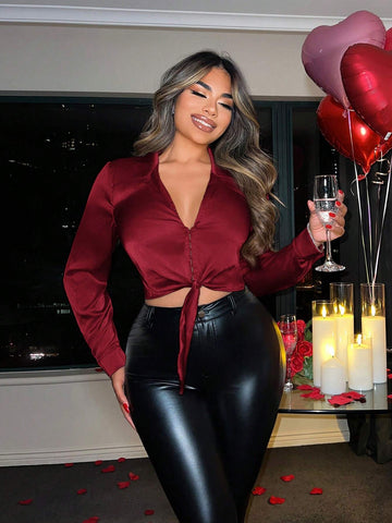 SXY Women Solid Color Knot Front Long Sleeve Crop Blouse SXY Women Solid Color Knot Front Long Sleeve Crop Blouse