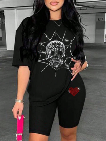 Women Summer Rhinestone Embellished Skull Printed Round Neck Short Sleeve Casual T-Shirt And Shorts Set Women Summer Rhinestone Embellished Skull Printed Round Neck Short Sleeve Casual T-Shirt And Shorts Set