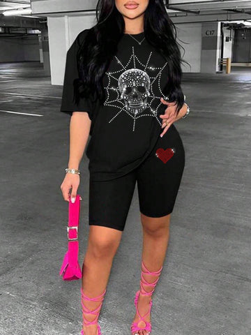 Women Summer Rhinestone Embellished Skull Printed Round Neck Short Sleeve Casual T-Shirt And Shorts Set Women Summer Rhinestone Embellished Skull Printed Round Neck Short Sleeve Casual T-Shirt And Shorts Set
