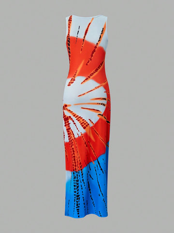 SXY Women's Color Block Tie-Dye Printed Dress SXY Women's Color Block Tie-Dye Printed Dress