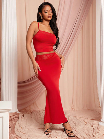 Women's Contrast Lace Camisole Top And Fishtail Midi Skirt 2 Piece Fitted Set Women's Contrast Lace Camisole Top And Fishtail Midi Skirt 2 Piece Fitted Set