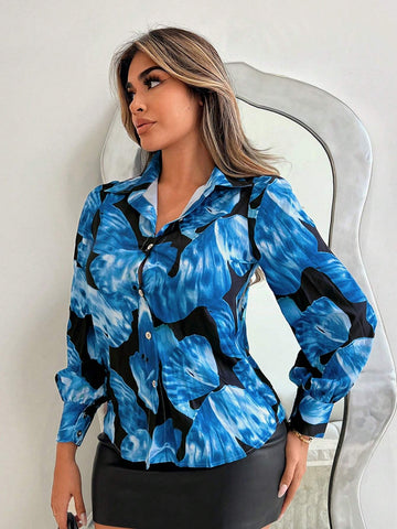 SXY Women's Front Button Long Sleeve All Over Print Casual Blouse SXY Women's Front Button Long Sleeve All Over Print Casual Blouse
