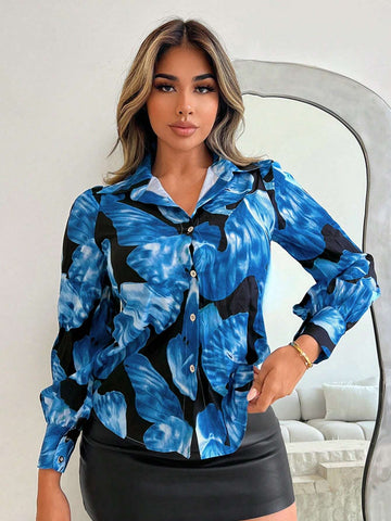 SXY Women's Front Button Long Sleeve All Over Print Casual Blouse SXY Women's Front Button Long Sleeve All Over Print Casual Blouse