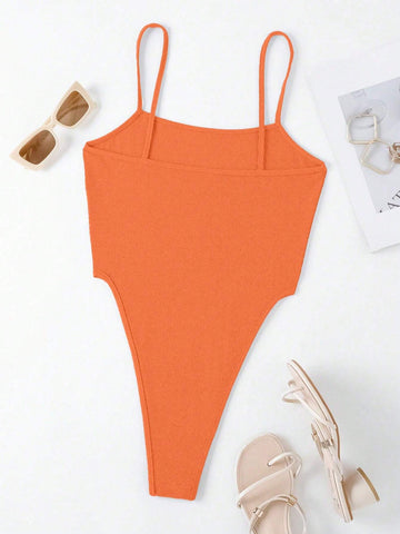 Women's Ribbed Racerback Bodysuit In Solid Color, Summer Women's Ribbed Racerback Bodysuit In Solid Color, Summer