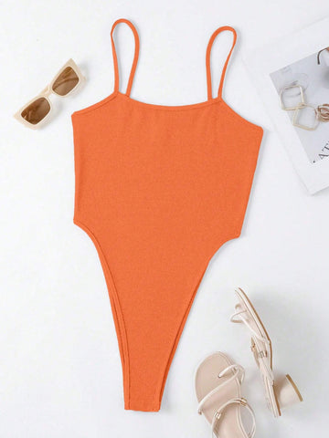 Women's Ribbed Racerback Bodysuit In Solid Color, Summer Women's Ribbed Racerback Bodysuit In Solid Color, Summer