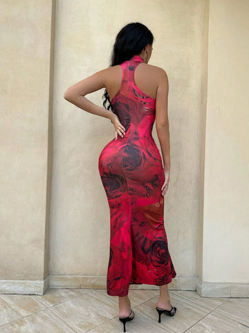 SXY Women's Rose Print Stand Collar Mermaid Bodycon Dress SXY Women's Rose Print Stand Collar Mermaid Bodycon Dress