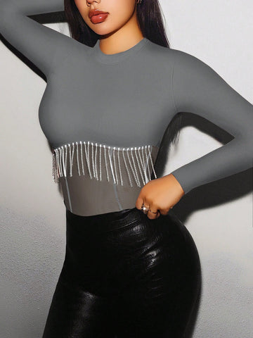 Fall Winter Clothing Knitted Ribbed Trimmed See-Through Jumpsuit With Rhinestone And Tassel Embellishment Red Fall Winter Clothing Knitted Ribbed Trimmed See-Through Jumpsuit With Rhinestone And Tassel Embellishment Red