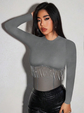 Fall Winter Clothing Knitted Ribbed Trimmed See-Through Jumpsuit With Rhinestone And Tassel Embellishment Red Fall Winter Clothing Knitted Ribbed Trimmed See-Through Jumpsuit With Rhinestone And Tassel Embellishment Red