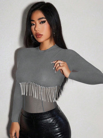 Fall Winter Clothing Knitted Ribbed Trimmed See-Through Jumpsuit With Rhinestone And Tassel Embellishment Red Fall Winter Clothing Knitted Ribbed Trimmed See-Through Jumpsuit With Rhinestone And Tassel Embellishment Red