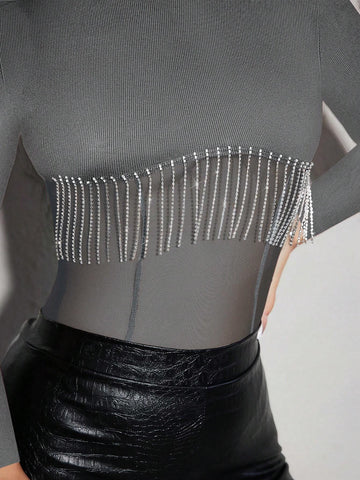 Fall Winter Clothing Knitted Ribbed Trimmed See-Through Jumpsuit With Rhinestone And Tassel Embellishment Red Fall Winter Clothing Knitted Ribbed Trimmed See-Through Jumpsuit With Rhinestone And Tassel Embellishment Red