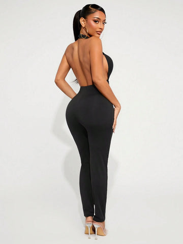 Women's Sexy Backless Hollow Floral Decor Halter Jumpsuit Women's Sexy Backless Hollow Floral Decor Halter Jumpsuit