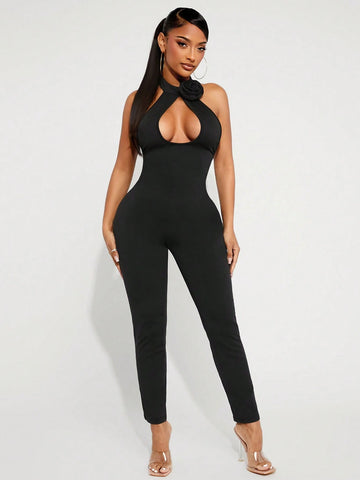 Women's Sexy Backless Hollow Floral Decor Halter Jumpsuit Women's Sexy Backless Hollow Floral Decor Halter Jumpsuit