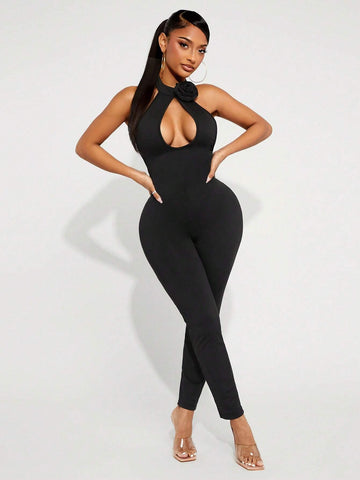 Women's Sexy Backless Hollow Floral Decor Halter Jumpsuit Women's Sexy Backless Hollow Floral Decor Halter Jumpsuit