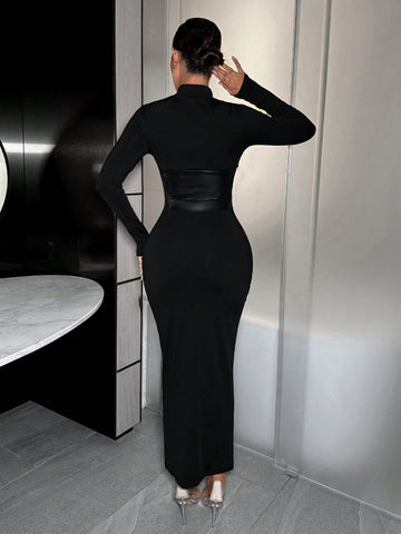 SXY Women's Sexy High Neck Slim Fit Dress With Pu Splice On Waist SXY Women's Sexy High Neck Slim Fit Dress With Pu Splice On Waist