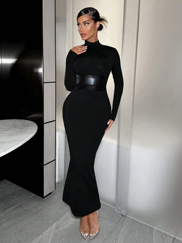 SXY Women's Sexy High Neck Slim Fit Dress With Pu Splice On Waist SXY Women's Sexy High Neck Slim Fit Dress With Pu Splice On Waist