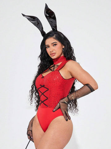 Women's Sexy Sequined Splice Hollow-Out Bodysuit Women's Sexy Sequined Splice Hollow-Out Bodysuit