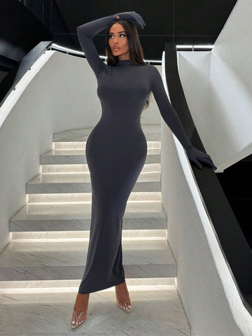 SXY Women's Slimming Turtleneck Long Sleeve Dress With Hand Covers SXY Women's Slimming Turtleneck Long Sleeve Dress With Hand Covers