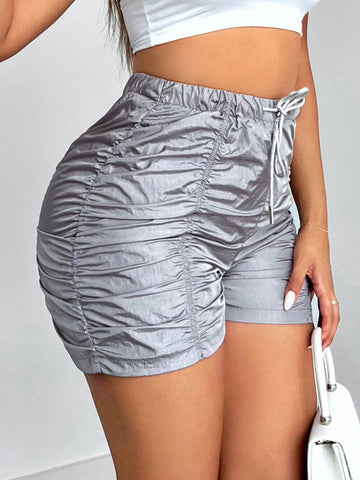 SXY Women's Solid Color Drawstring Elastic Waist Pleated Shorts SXY Women's Solid Color Drawstring Elastic Waist Pleated Shorts