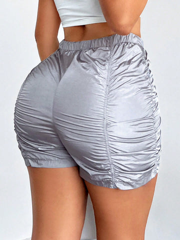 SXY Women's Solid Color Drawstring Elastic Waist Pleated Shorts SXY Women's Solid Color Drawstring Elastic Waist Pleated Shorts