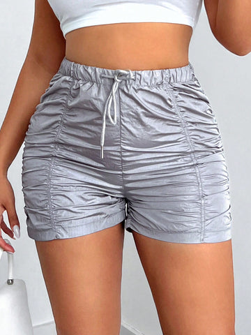 SXY Women's Solid Color Drawstring Elastic Waist Pleated Shorts SXY Women's Solid Color Drawstring Elastic Waist Pleated Shorts