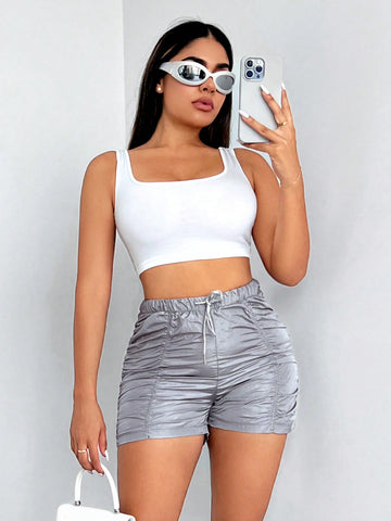 SXY Women's Solid Color Drawstring Elastic Waist Pleated Shorts SXY Women's Solid Color Drawstring Elastic Waist Pleated Shorts