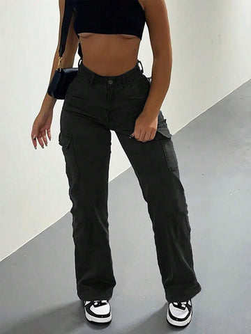 SXY Women's Solid Color Flap Pocket Long Pants SXY Women's Solid Color Flap Pocket Long Pants