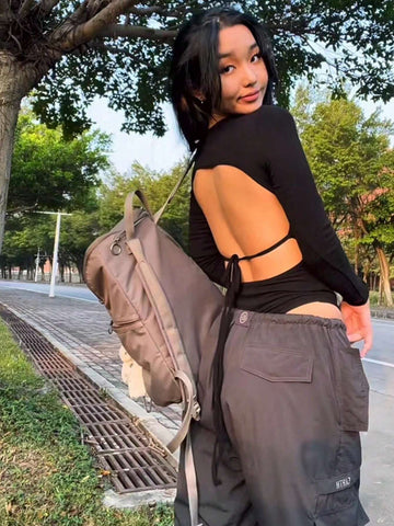 Women's Solid Color Simple Backless Strap Bodysuit Women's Solid Color Simple Backless Strap Bodysuit