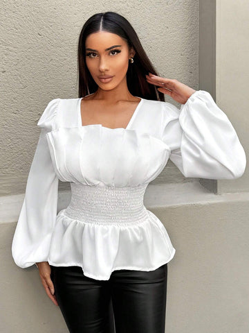 SXY Women's Solid Color Square Collar Lantern Sleeve Elegant, Formal, Romantic Blouse SXY Women's Solid Color Square Collar Lantern Sleeve Elegant, Formal, Romantic Blouse
