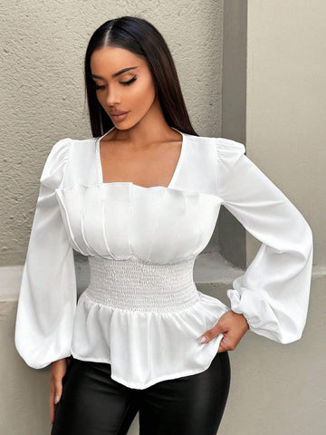 SXY Women's Solid Color Square Collar Lantern Sleeve Elegant, Formal, Romantic Blouse SXY Women's Solid Color Square Collar Lantern Sleeve Elegant, Formal, Romantic Blouse