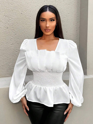 SXY Women's Solid Color Square Collar Lantern Sleeve Elegant, Formal, Romantic Blouse SXY Women's Solid Color Square Collar Lantern Sleeve Elegant, Formal, Romantic Blouse