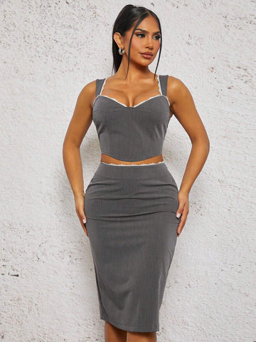 Women's Sweetheart Neck Cropped Tank Top And Ruched Pencil Skirt Elegant 2 Piece Set Women's Sweetheart Neck Cropped Tank Top And Ruched Pencil Skirt Elegant 2 Piece Set