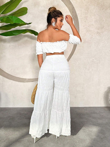 Women's Vacation Off-Shoulder Ruffle Hem Cropped Top And High Waist Layered Pants Set Women's Vacation Off-Shoulder Ruffle Hem Cropped Top And High Waist Layered Pants Set
