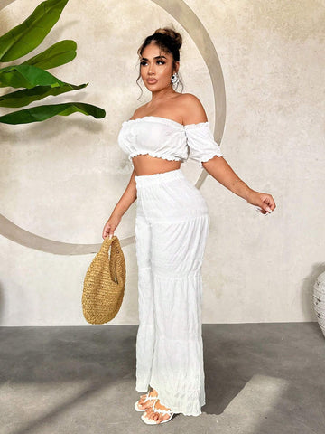 Women's Vacation Off-Shoulder Ruffle Hem Cropped Top And High Waist Layered Pants Set Women's Vacation Off-Shoulder Ruffle Hem Cropped Top And High Waist Layered Pants Set