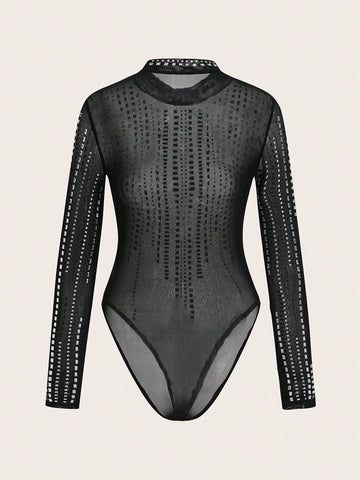 2024 New Style Elegant Long Sleeve Mesh Sheer Rhinestone Embellished Bodysuit - L 2024 New Style Elegant Long Sleeve Mesh Sheer Rhinestone Embellished Bodysuit - L