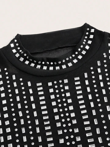 2024 New Style Elegant Long Sleeve Mesh Sheer Rhinestone Embellished Bodysuit - L 2024 New Style Elegant Long Sleeve Mesh Sheer Rhinestone Embellished Bodysuit - L