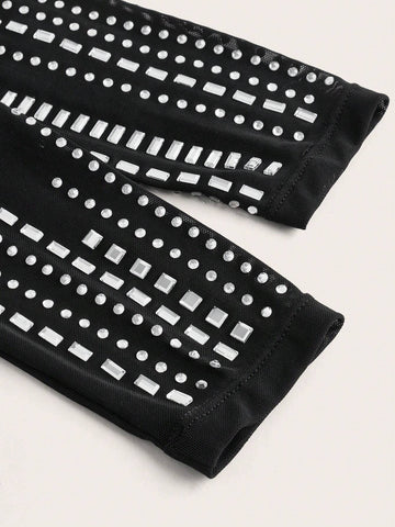 2024 New Style Elegant Long Sleeve Mesh Sheer Rhinestone Embellished Bodysuit - L 2024 New Style Elegant Long Sleeve Mesh Sheer Rhinestone Embellished Bodysuit - L