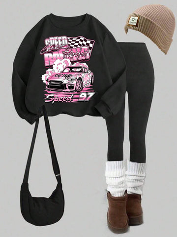 2pcs/Set Casual Racing Pattern Round Neck Sweatshirt And Tight Leggings Set, Autumn/Winter Outfit 2pcs/Set Casual Racing Pattern Round Neck Sweatshirt And Tight Leggings Set, Autumn/Winter Outfit
