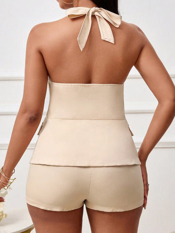 2pcs/Set Summer Casual Criss-Cross Halter Top And Shorts Set 2pcs/Set Summer Casual Criss-Cross Halter Top And Shorts Set