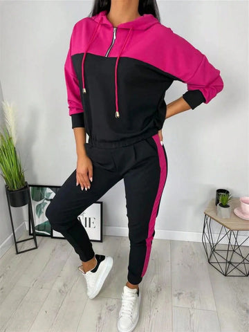 2pcs/Set Women Regular Fit Contrast Color Long Sleeve Hooded Sweatshirt And Pants Sports Outfit With Cuffed Hems 2pcs/Set Women Regular Fit Contrast Color Long Sleeve Hooded Sweatshirt And Pants Sports Outfit With Cuffed Hems
