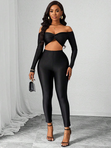2pcs/Set Women Solid Color Fitted Casual Open Shoulder Blouse & Pants Set 2pcs/Set Women Solid Color Fitted Casual Open Shoulder Blouse & Pants Set